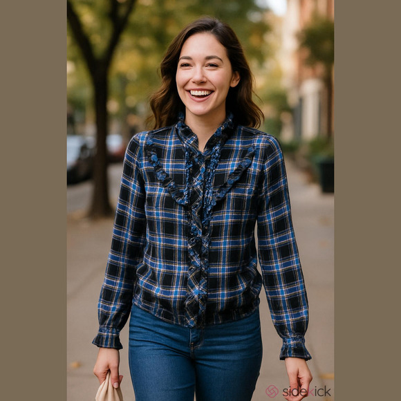 Vero Moda Western  Plaid Sheer Blouse, Ruffles, S - Picture 1 of 8